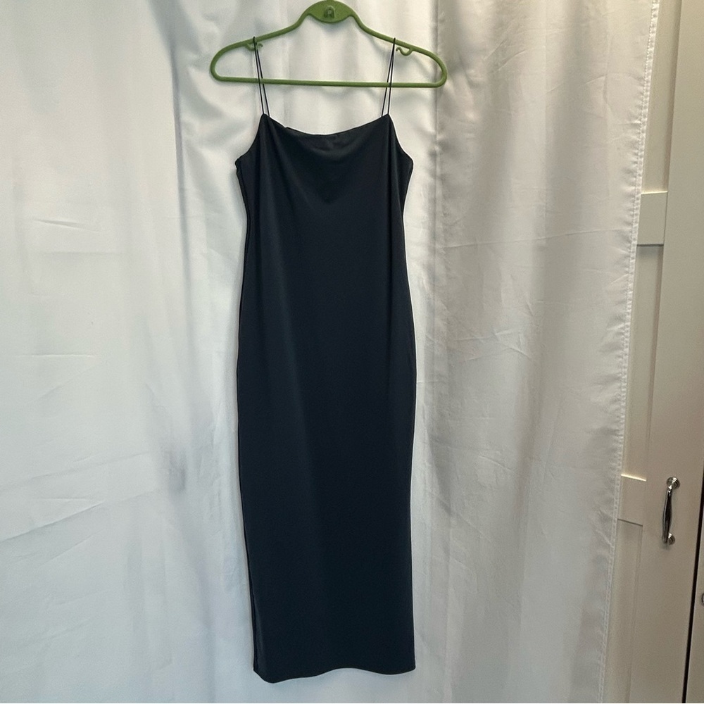 Zara dark Slate blue stretchy elastic bodycon midi tube dress spaghetti strap L - Picture 4 of 13